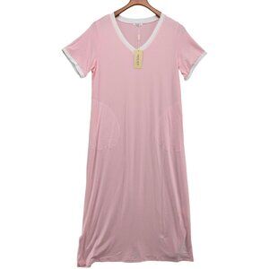 Eqouaer Night Gown Women Light Pink Short Sleeve V Neck Pockets Pullover Sz S